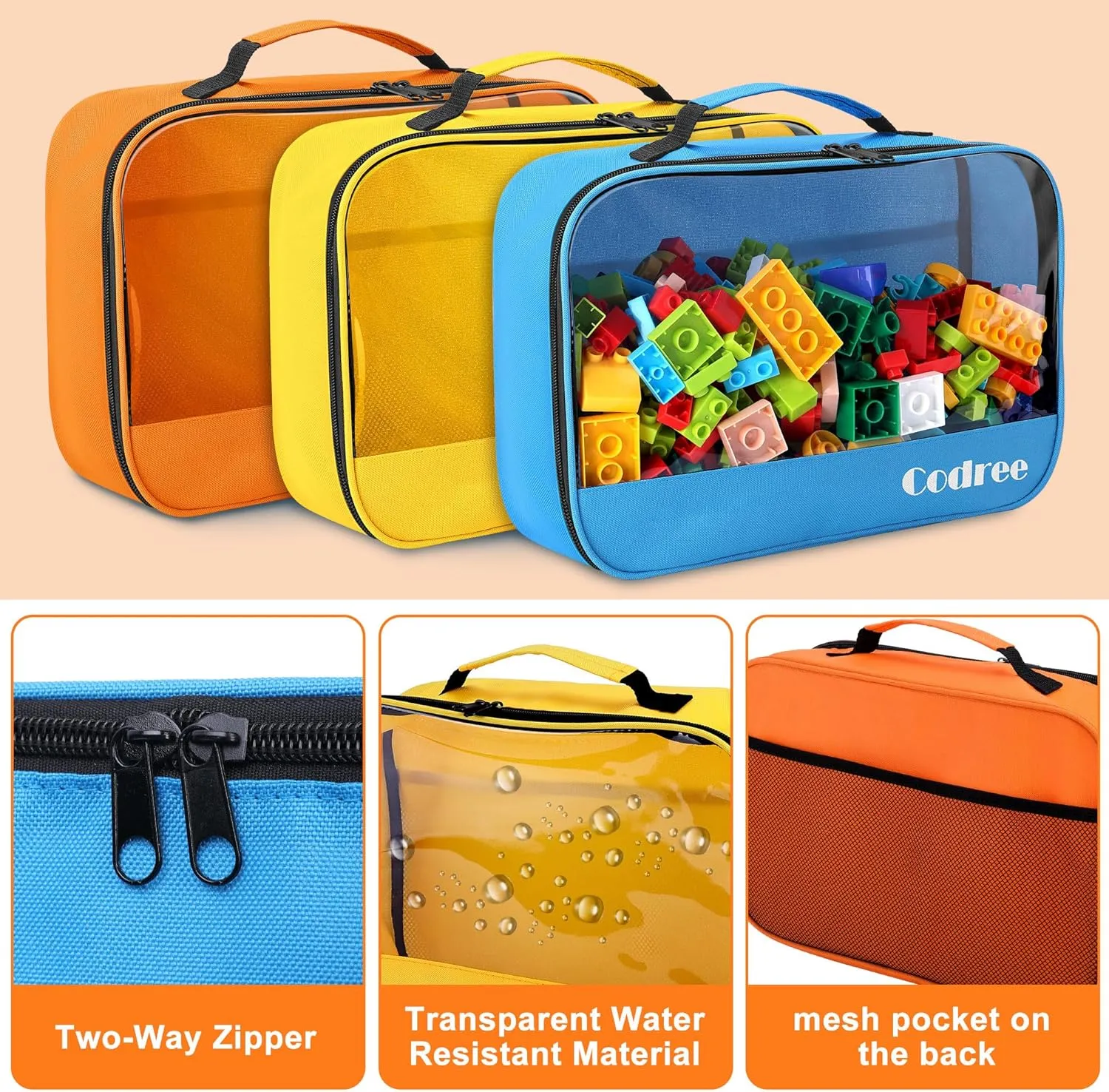 codree 6 Pack Large Oxford Cloth Toy Storage Bags, 13 x 8.5 x 3.9 Inch Visible Organizer Pouch with Zipper, Waterproof Travel Toy Storage for Building Blocks, Small Toys