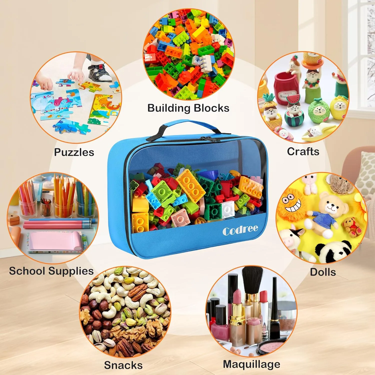 codree 6 Pack Large Oxford Cloth Toy Storage Bags, 13 x 8.5 x 3.9 Inch Visible Organizer Pouch with Zipper, Waterproof Travel Toy Storage for Building Blocks, Small Toys
