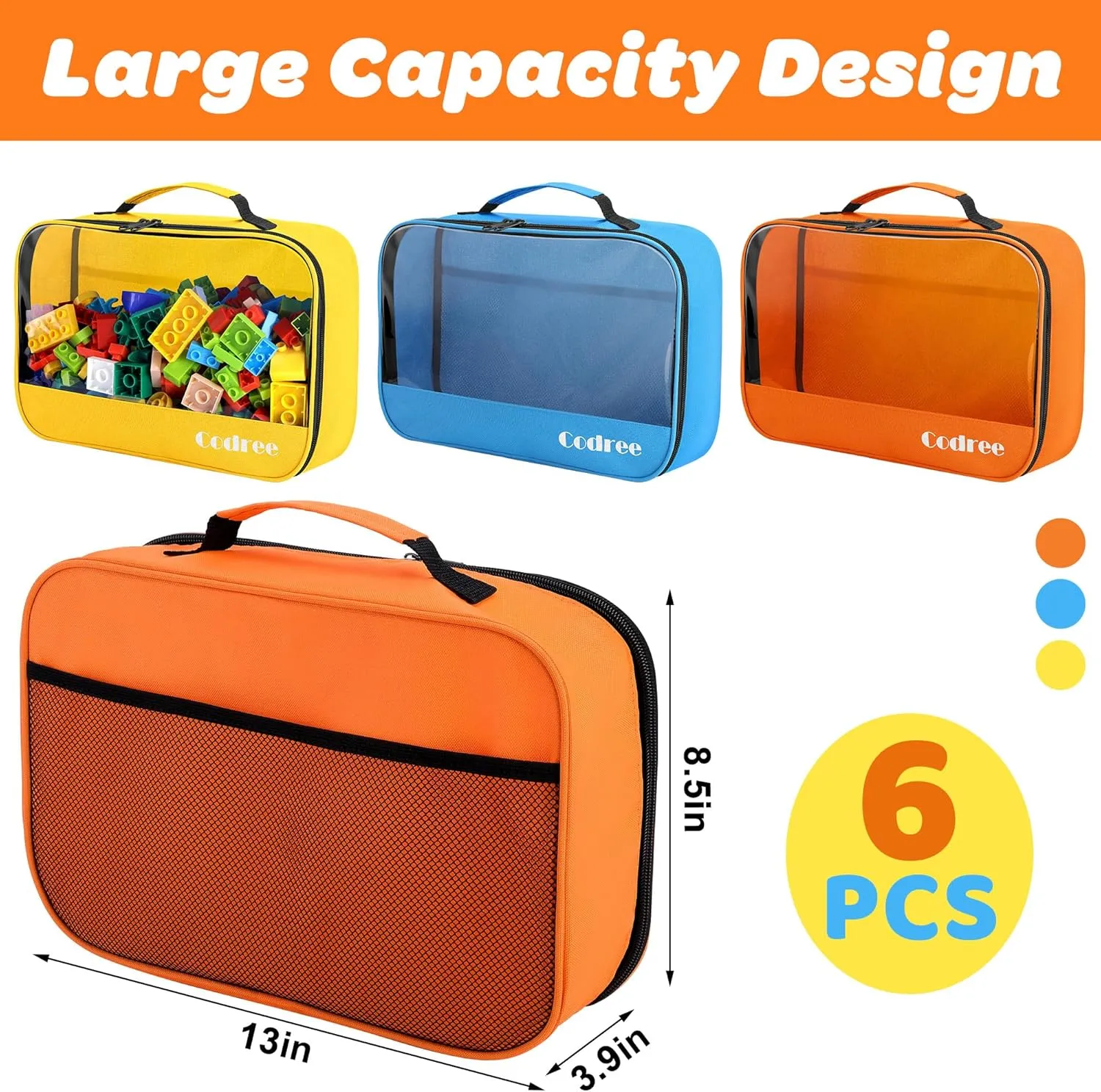 codree 6 Pack Large Oxford Cloth Toy Storage Bags, 13 x 8.5 x 3.9 Inch Visible Organizer Pouch with Zipper, Waterproof Travel Toy Storage for Building Blocks, Small Toys