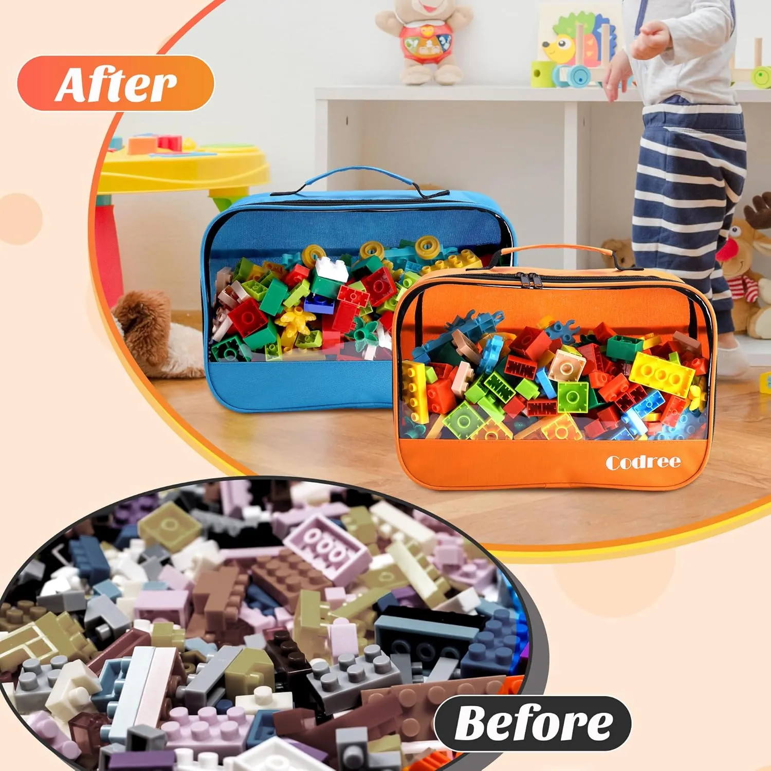 codree 6 Pack Large Oxford Cloth Toy Storage Bags, 13 x 8.5 x 3.9 Inch Visible Organizer Pouch with Zipper, Waterproof Travel Toy Storage for Building Blocks, Small Toys