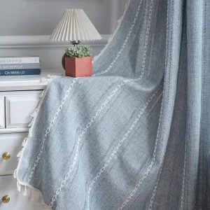 ColorBird Boho Curtains 84 inch Length 2 Panels Sets Farmhouse Blue Linen Boho Striped Room Darkening Drapes, Embroidered Window Vintage Bohemian Curtains for Living Room Bedroom