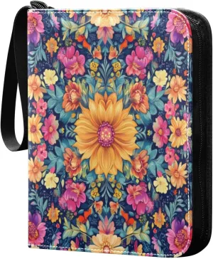 Colorful Floral Card Binder 4-Pocket, 400 Pockets PU Waterproof Zippered Collector Card Album with 50 Removable Sleeves for Trading, Game Cards