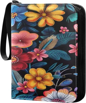 Colorful Floral Pattern Card Binder 4-Pocket, 400 Pockets PU Waterproof Zippered Collector Card Album with 50 Removable Sleeves for Trading, Game Cards