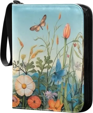 Colorful Flower Pattern Card Binder 4-Pocket, 400 Pockets PU Waterproof Zippered Collector Card Album with 50 Removable Sleeves for Trading, Game Cards