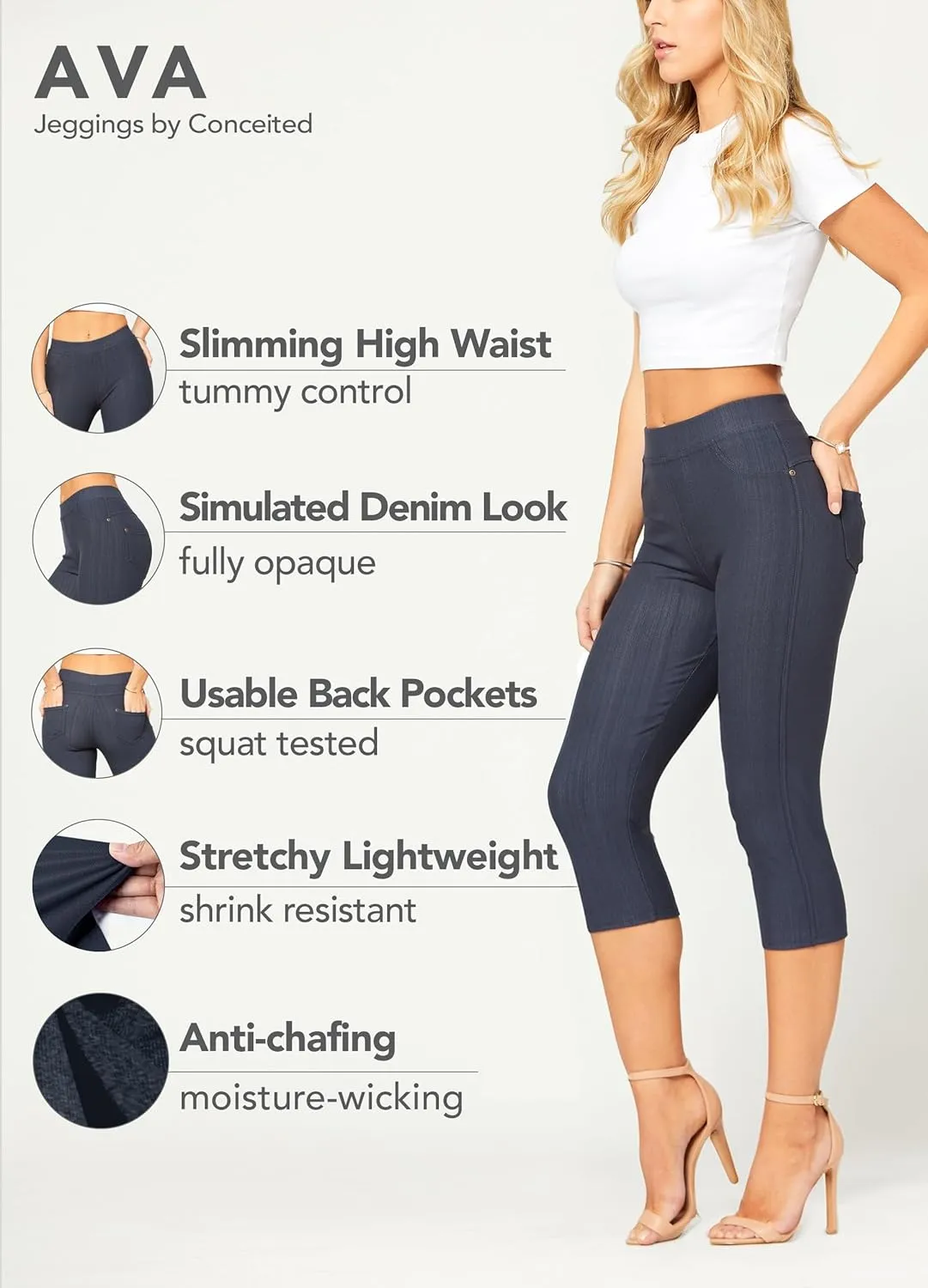 Conceited Jeggings for Women with Pockets - High Waist - Tummy Control Shaping - Regular and Plus Size