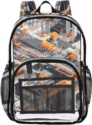 Construction Scene Building Bridges Dump Truck Concrete Mixer Truck Clear Backpack For School Kids Clear Backpacks For Girls Boys Seethrough PVC Bag