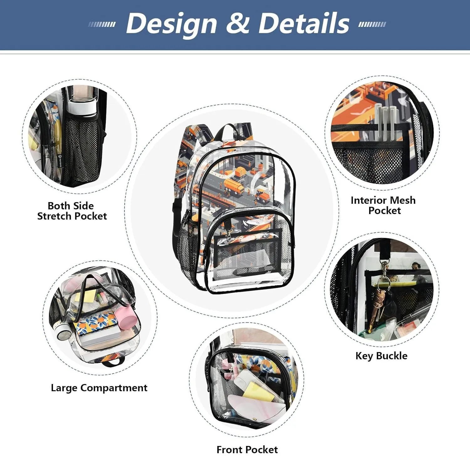 Construction Scene Building Bridges Dump Truck Concrete Mixer Truck Clear Backpack For School Kids Clear Backpacks For Girls Boys Seethrough PVC Bag