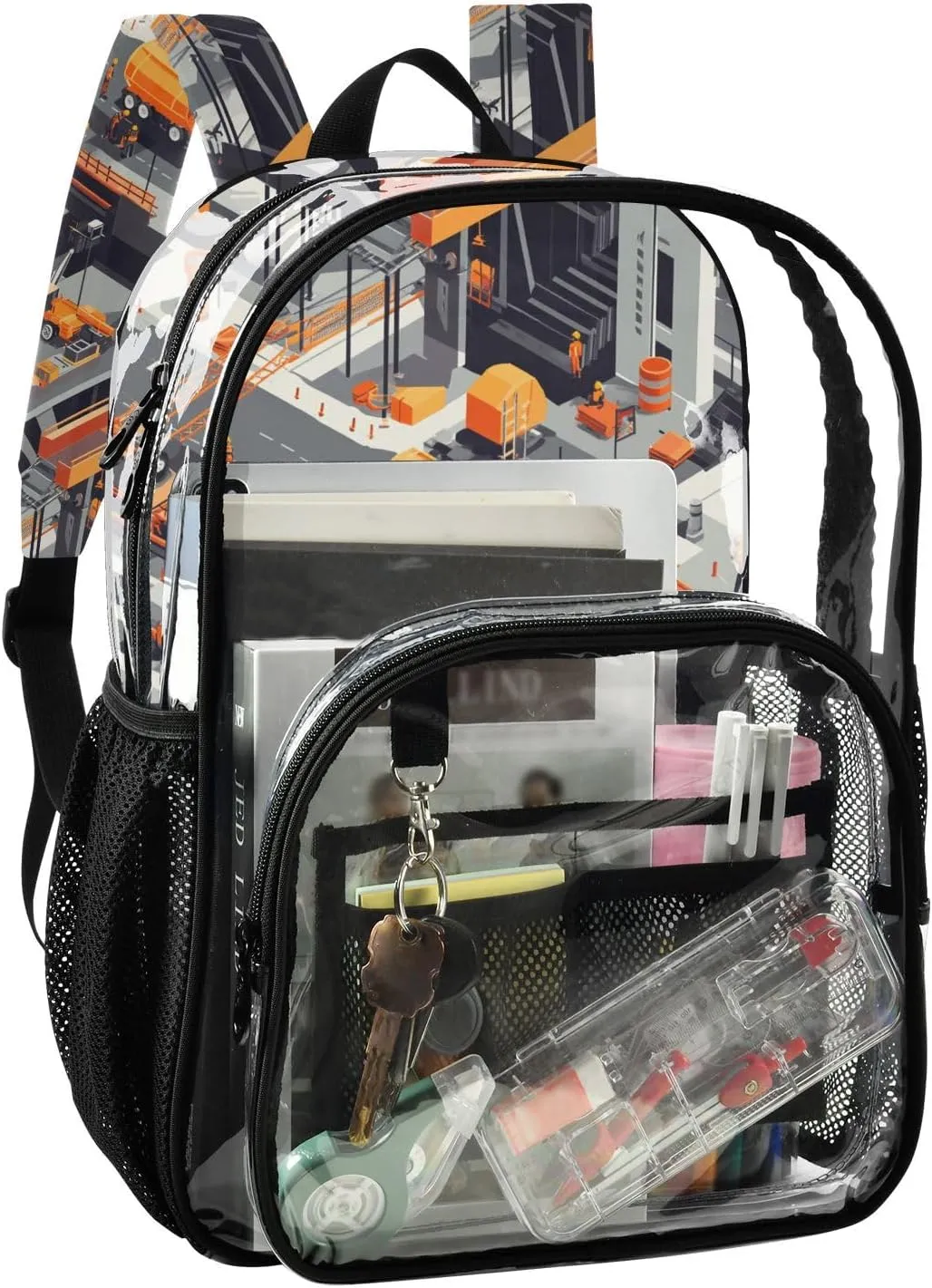 Construction Scene Building Bridges Dump Truck Concrete Mixer Truck Clear Backpack For School Kids Clear Backpacks For Girls Boys Seethrough PVC Bag