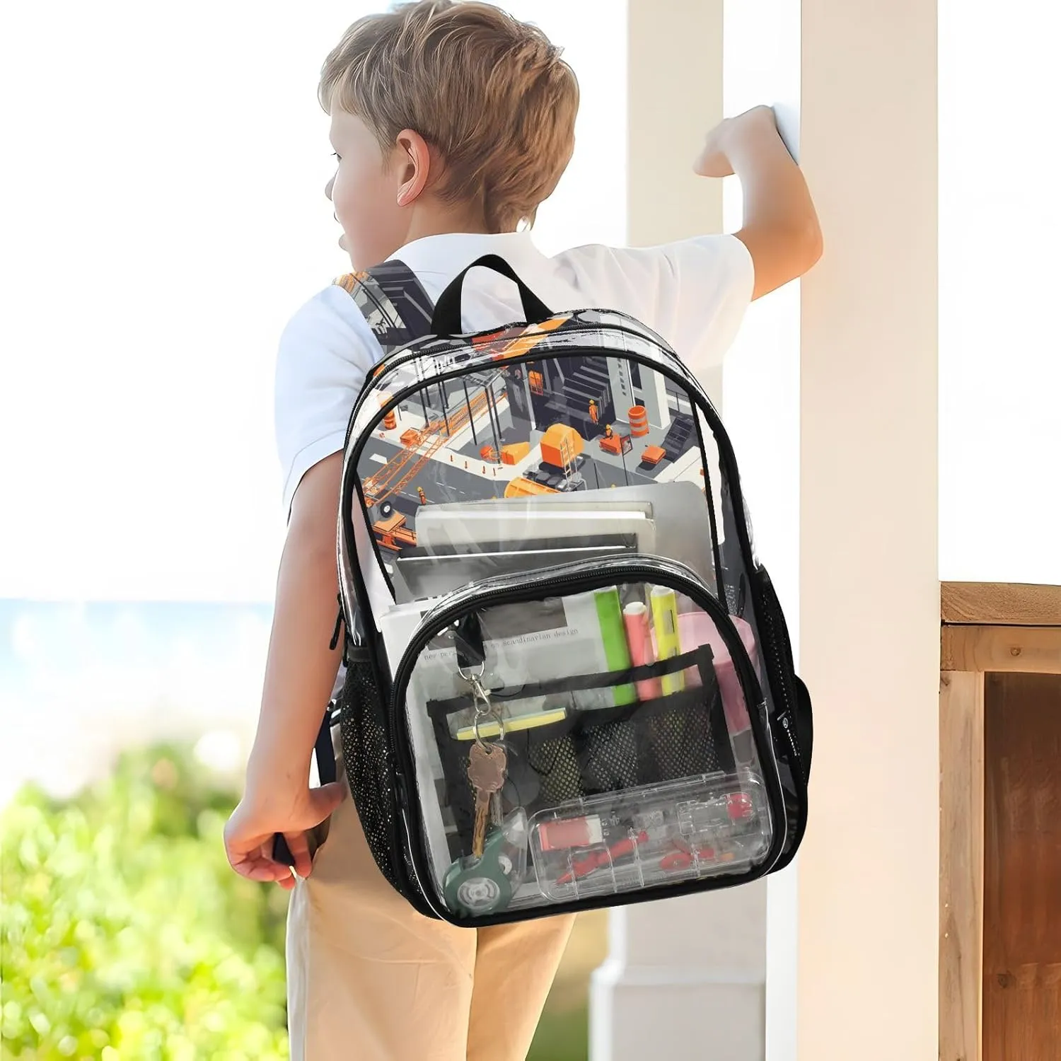 Construction Scene Building Bridges Dump Truck Concrete Mixer Truck Clear Backpack For School Kids Clear Backpacks For Girls Boys Seethrough PVC Bag