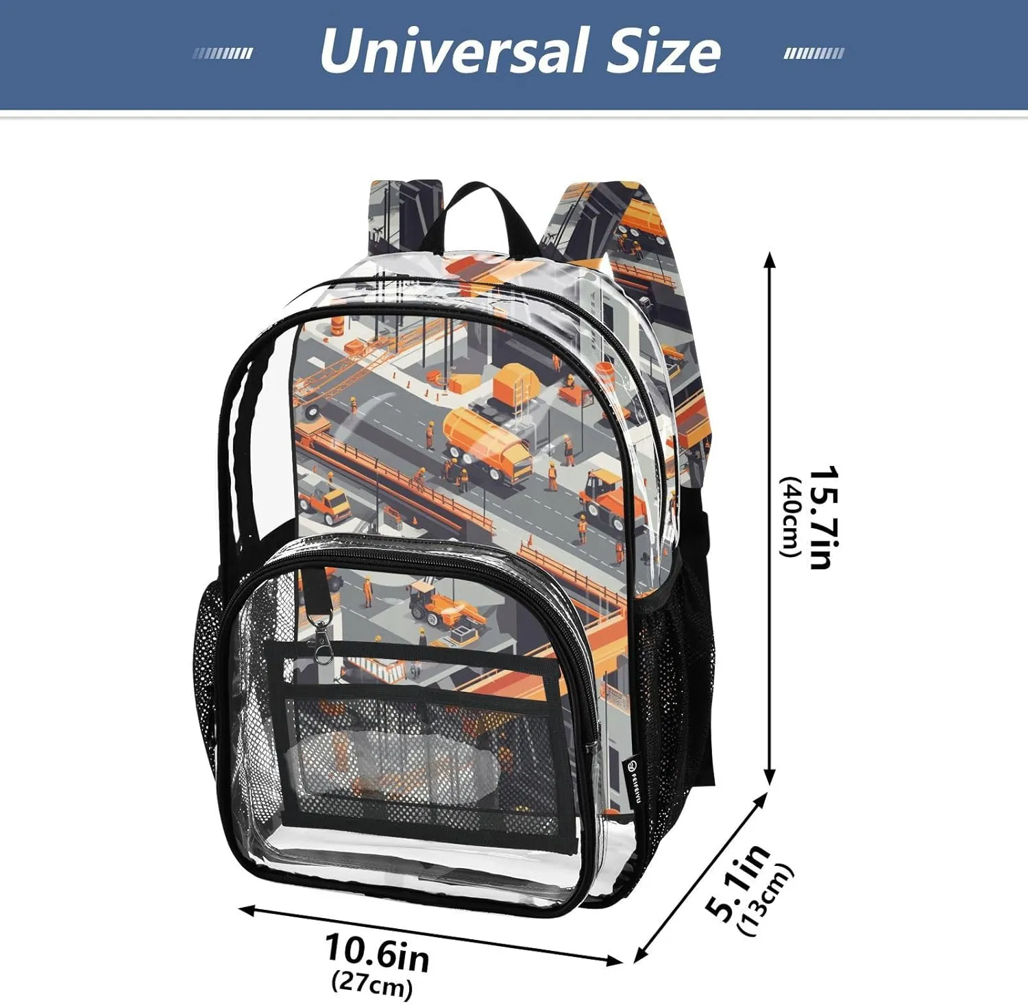 Construction Scene Building Bridges Dump Truck Concrete Mixer Truck Clear Backpack For School Kids Clear Backpacks For Girls Boys Seethrough PVC Bag