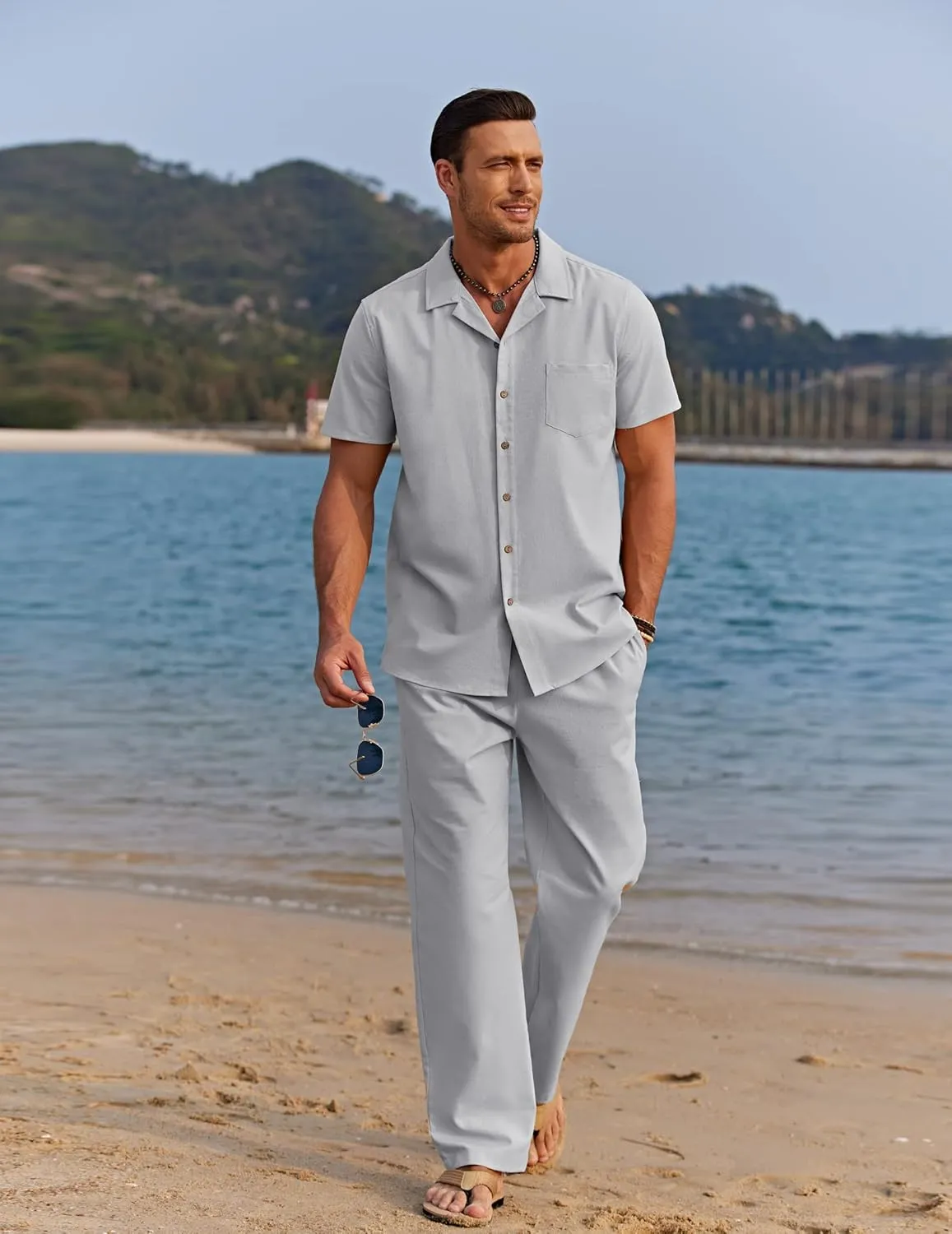 COOFANDY Men 2 Piece Linen Outfit Beach Button Down Shirt Casual Loose Pant Sets