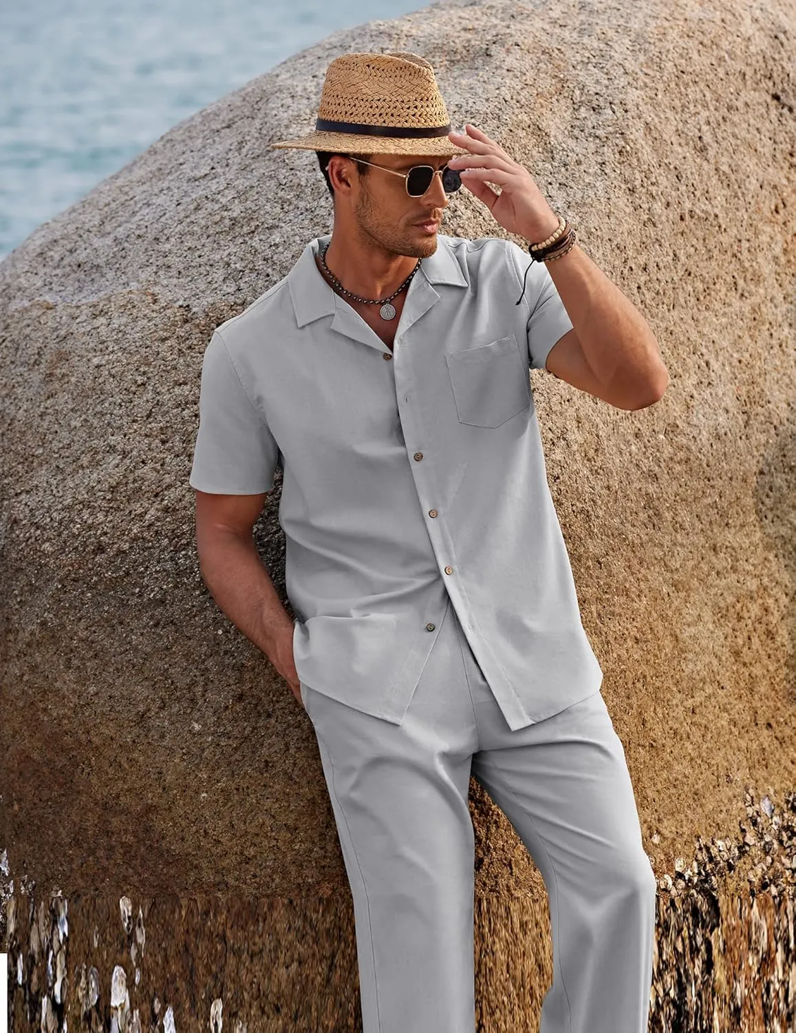 COOFANDY Men 2 Piece Linen Outfit Beach Button Down Shirt Casual Loose Pant Sets
