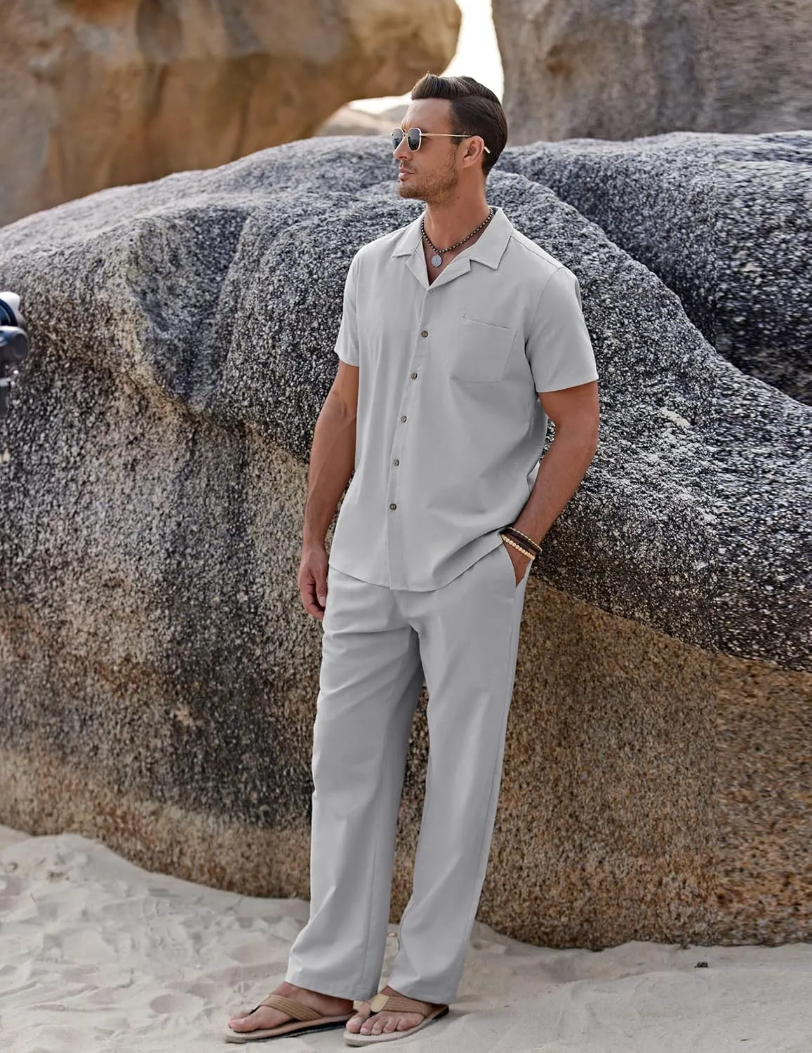 COOFANDY Men 2 Piece Linen Outfit Beach Button Down Shirt Casual Loose Pant Sets