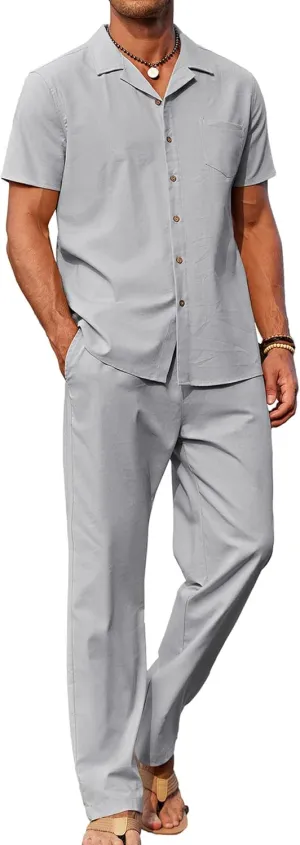 COOFANDY Men 2 Piece Linen Outfit Beach Button Down Shirt Casual Loose Pant Sets