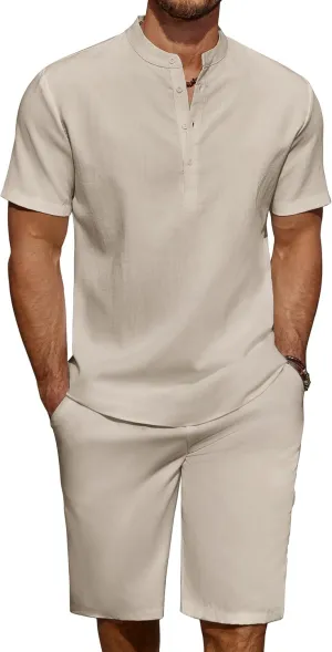 COOFANDY Men's 2 Pieces Linen Set Casual Henley Shirts Short Sleeve Beach Yoga Shorts Summer Pants Outfits