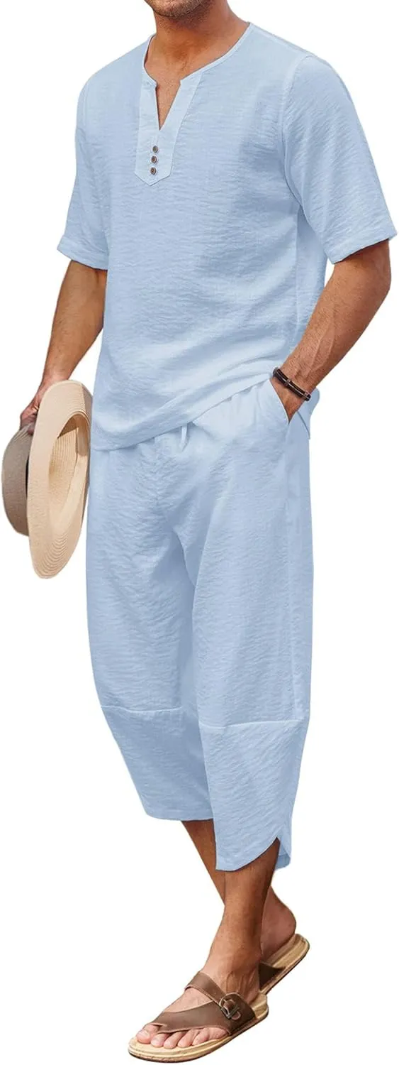 COOFANDY Men's 2 Pieces Linen Set Henley Shirt Short Sleeve and Harem Capri Pants Wide Leg Baggy Beach Yoga Trousers Outfits