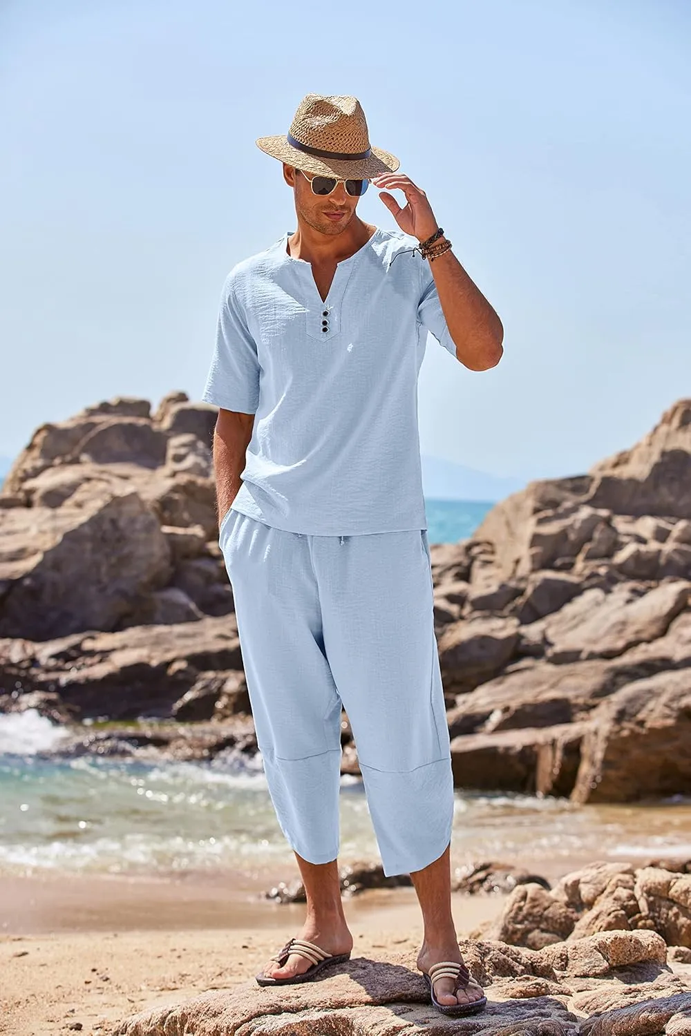 COOFANDY Men's 2 Pieces Linen Set Henley Shirt Short Sleeve and Harem Capri Pants Wide Leg Baggy Beach Yoga Trousers Outfits
