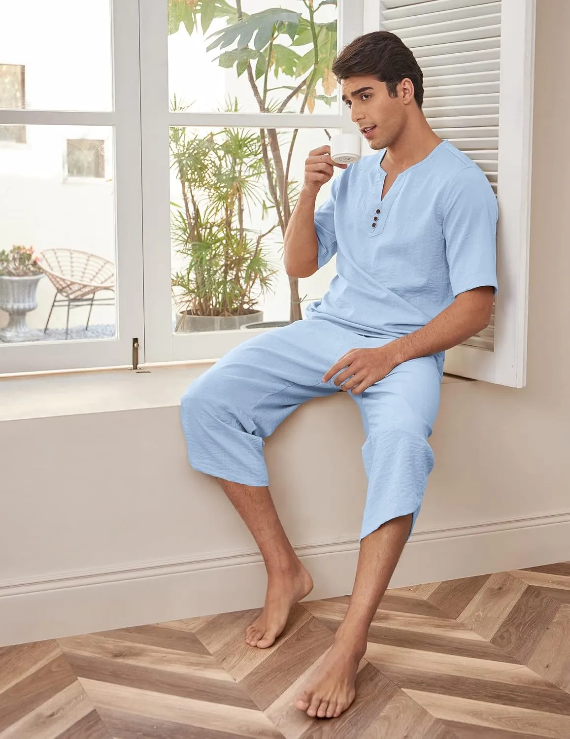 COOFANDY Men's 2 Pieces Linen Set Henley Shirt Short Sleeve and Harem Capri Pants Wide Leg Baggy Beach Yoga Trousers Outfits