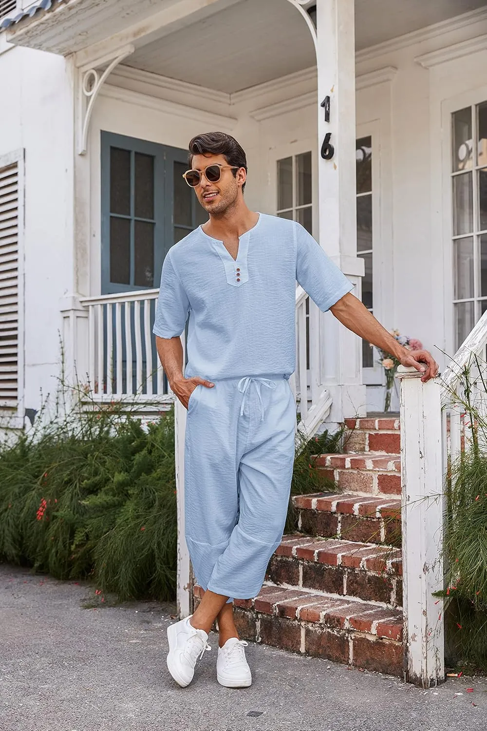 COOFANDY Men's 2 Pieces Linen Set Henley Shirt Short Sleeve and Harem Capri Pants Wide Leg Baggy Beach Yoga Trousers Outfits