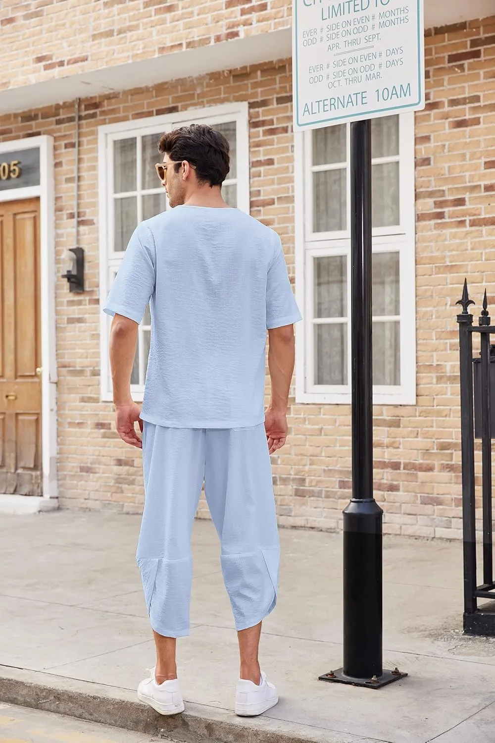 COOFANDY Men's 2 Pieces Linen Set Henley Shirt Short Sleeve and Harem Capri Pants Wide Leg Baggy Beach Yoga Trousers Outfits