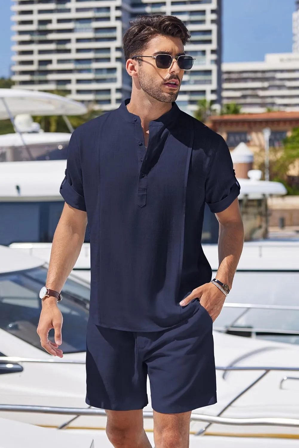 COOFANDY Men's 2 Pieces Linen Set Henley Shirt Short Sleeve and Shorts Summer Beach Yoga Matching Outfits