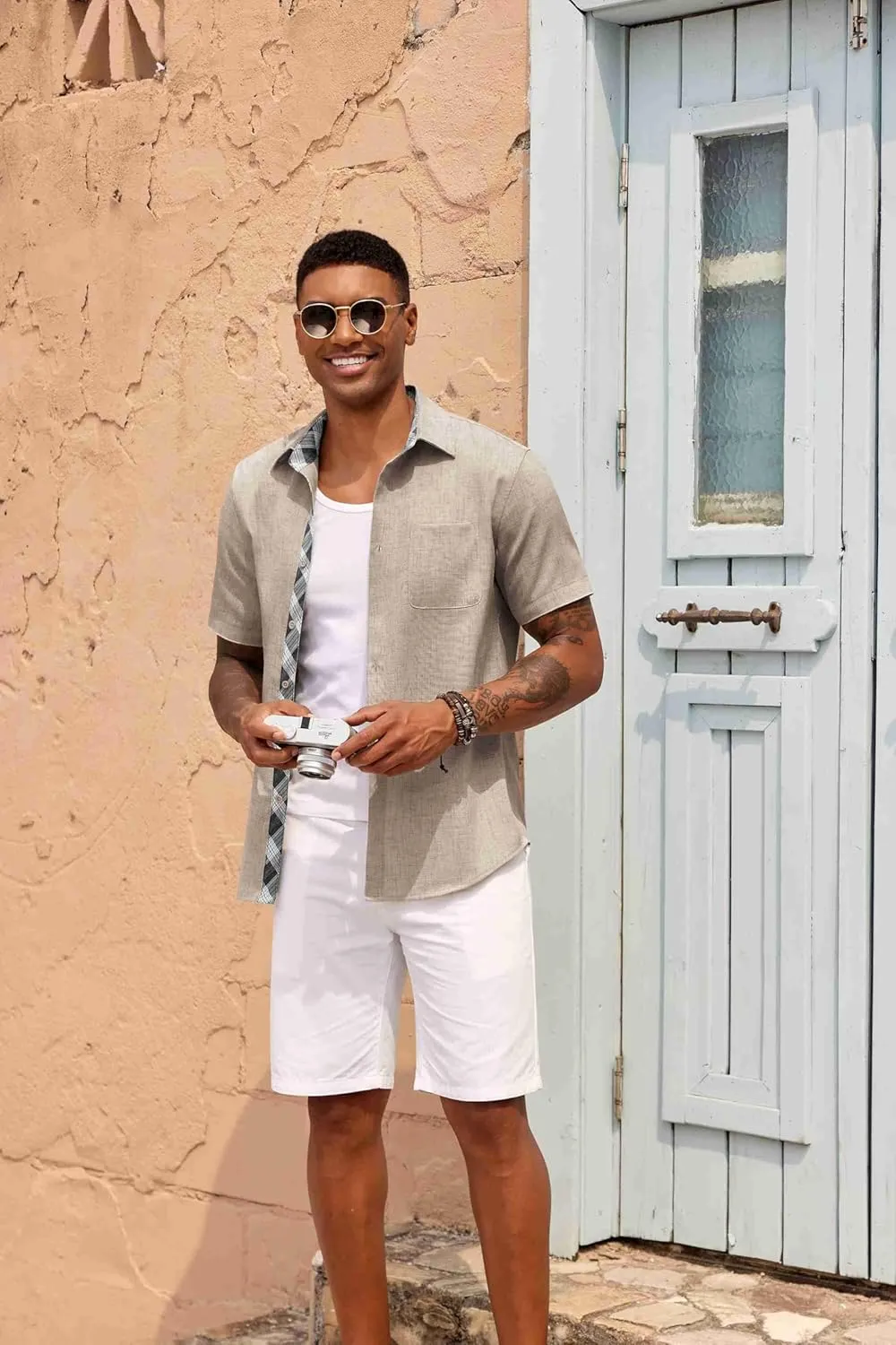 COOFANDY Mens Button Down Shirts Short Sleeve Casual Linen Shirts for Men Summer Beach Wedding Shirt