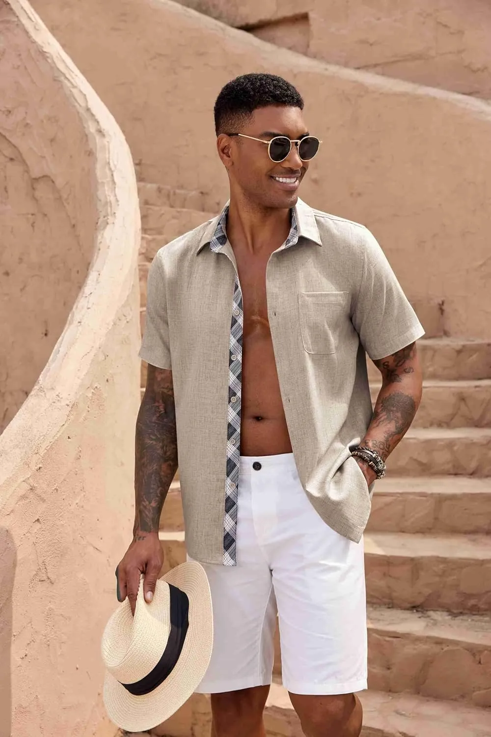COOFANDY Mens Button Down Shirts Short Sleeve Casual Linen Shirts for Men Summer Beach Wedding Shirt