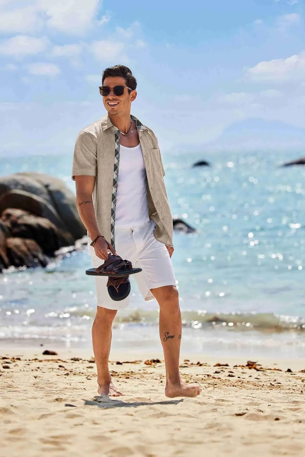 COOFANDY Mens Button Down Shirts Short Sleeve Casual Linen Shirts for Men Summer Beach Wedding Shirt