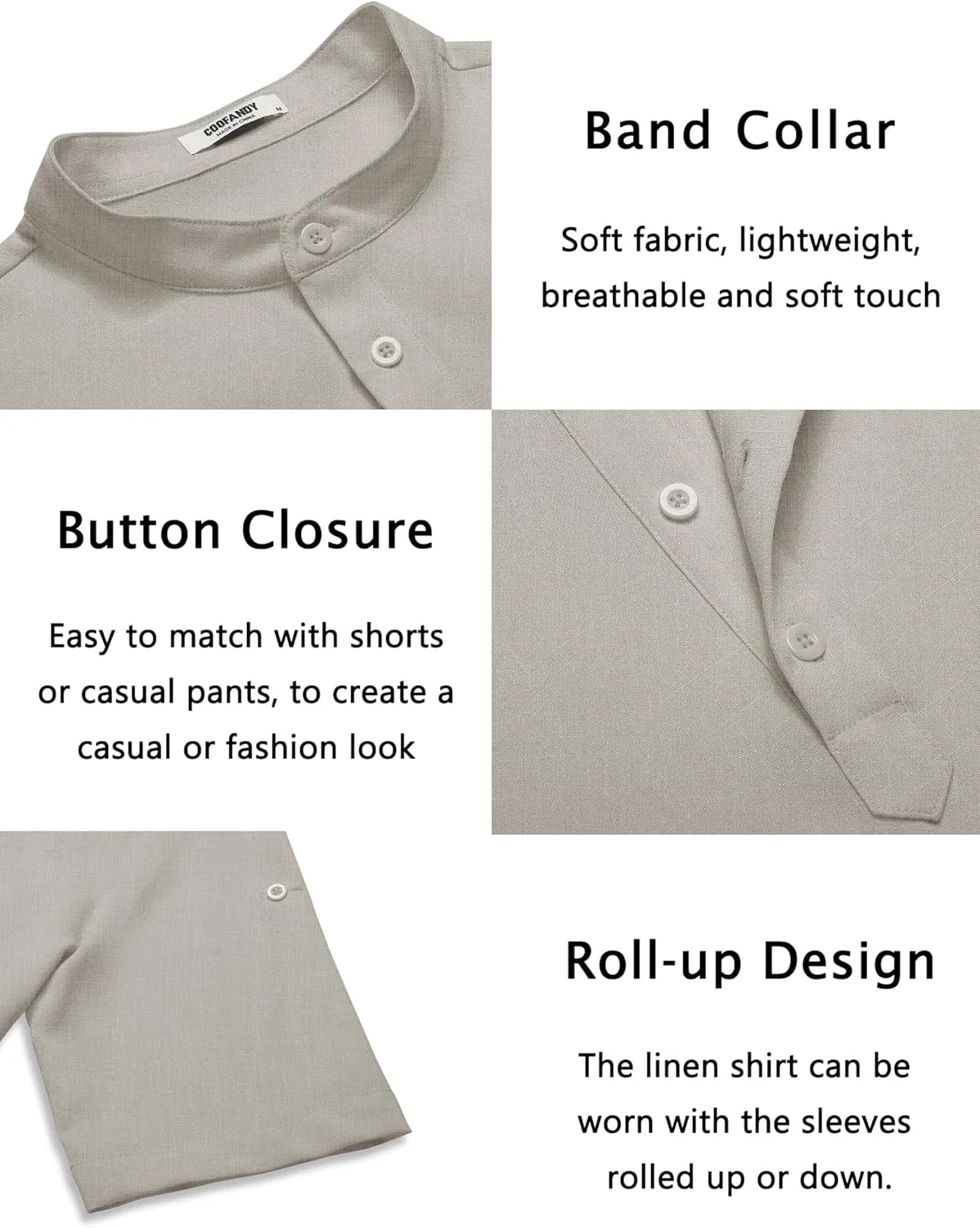 COOFANDY Men's Casual Henley Shirt Short Sleeve Band Collar Linen Shirt Summer Beach Hippie T-Shirts