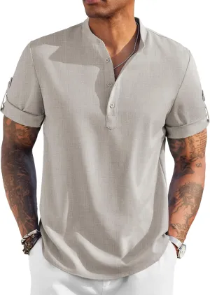 COOFANDY Men's Casual Henley Shirt Short Sleeve Band Collar Linen Shirt Summer Beach Hippie T-Shirts