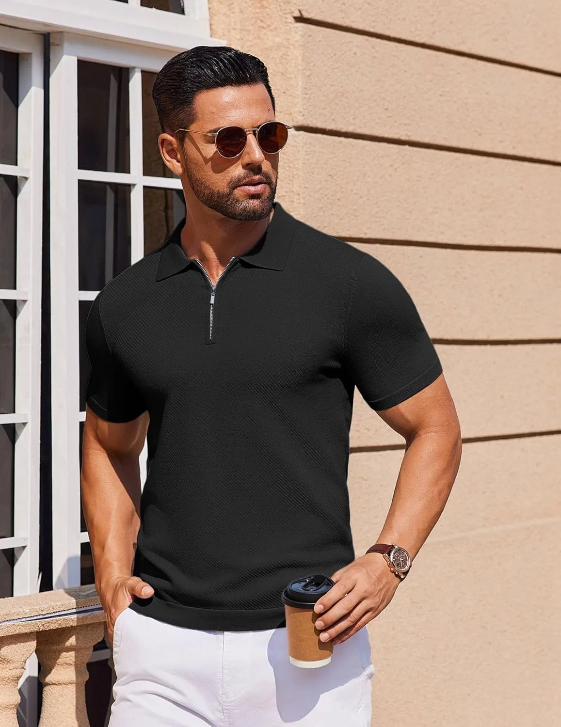COOFANDY Mens Casual Quarter Zipper Knit Polo Shirts Short Sleeve Summer Beach Shirt Textured Jersey Tops