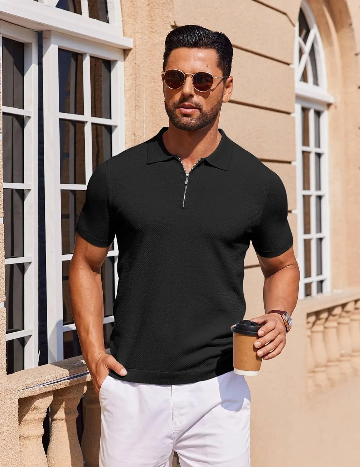 COOFANDY Mens Casual Quarter Zipper Knit Polo Shirts Short Sleeve Summer Beach Shirt Textured Jersey Tops