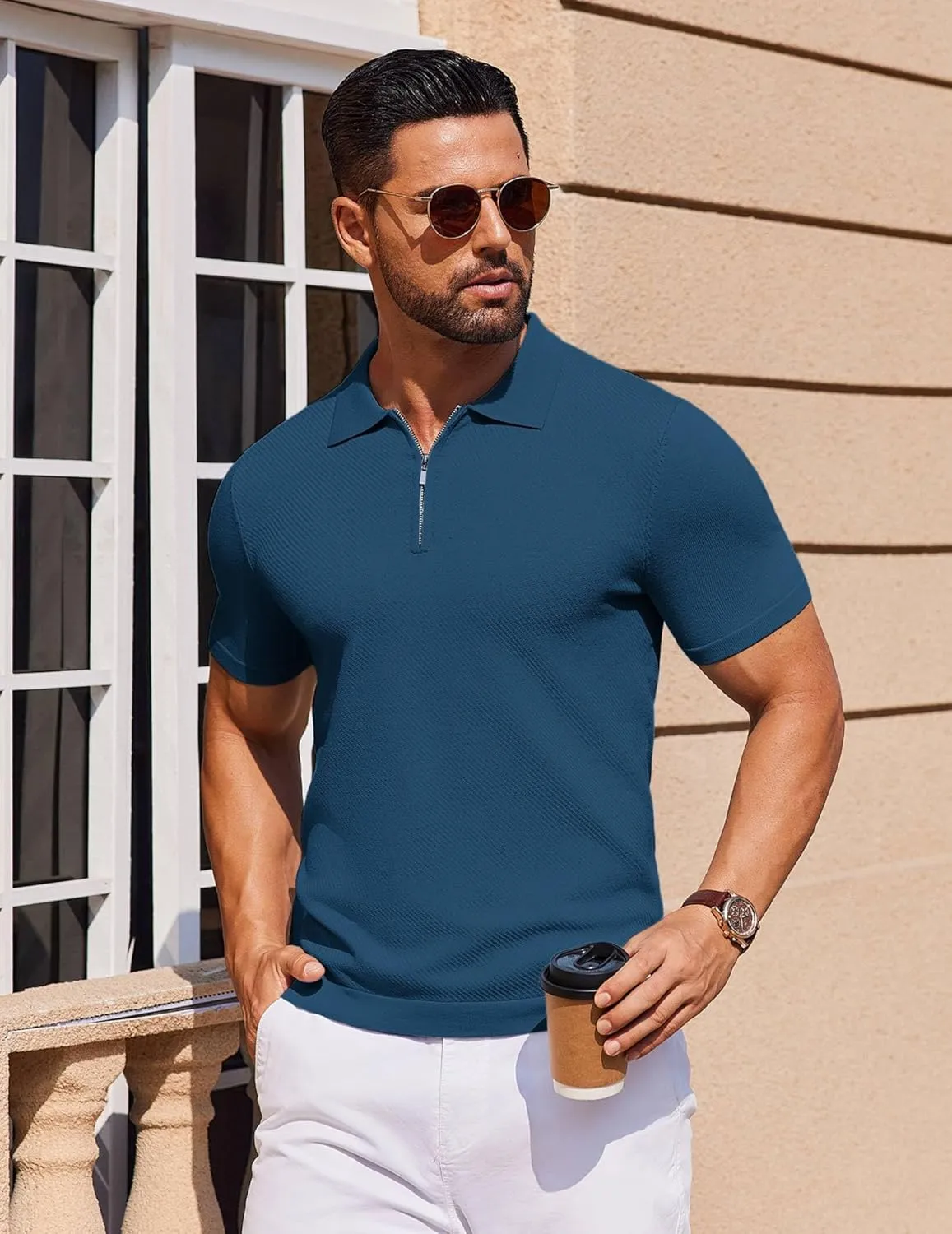 COOFANDY Mens Casual Quarter Zipper Knit Polo Shirts Short Sleeve Summer Beach Shirt Textured Jersey Tops