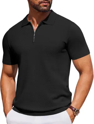 COOFANDY Mens Casual Quarter Zipper Knit Polo Shirts Short Sleeve Summer Beach Shirt Textured Jersey Tops