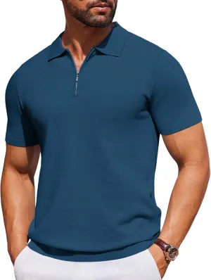 COOFANDY Mens Casual Quarter Zipper Knit Polo Shirts Short Sleeve Summer Beach Shirt Textured Jersey Tops