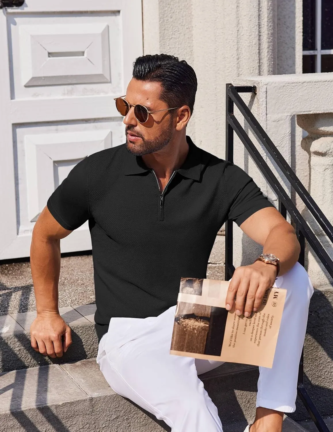COOFANDY Mens Casual Quarter Zipper Knit Polo Shirts Short Sleeve Summer Beach Shirt Textured Jersey Tops