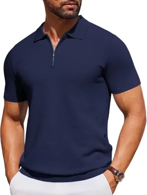 COOFANDY Mens Casual Quarter Zipper Knit Polo Shirts Short Sleeve Summer Beach Shirt Textured Jersey Tops