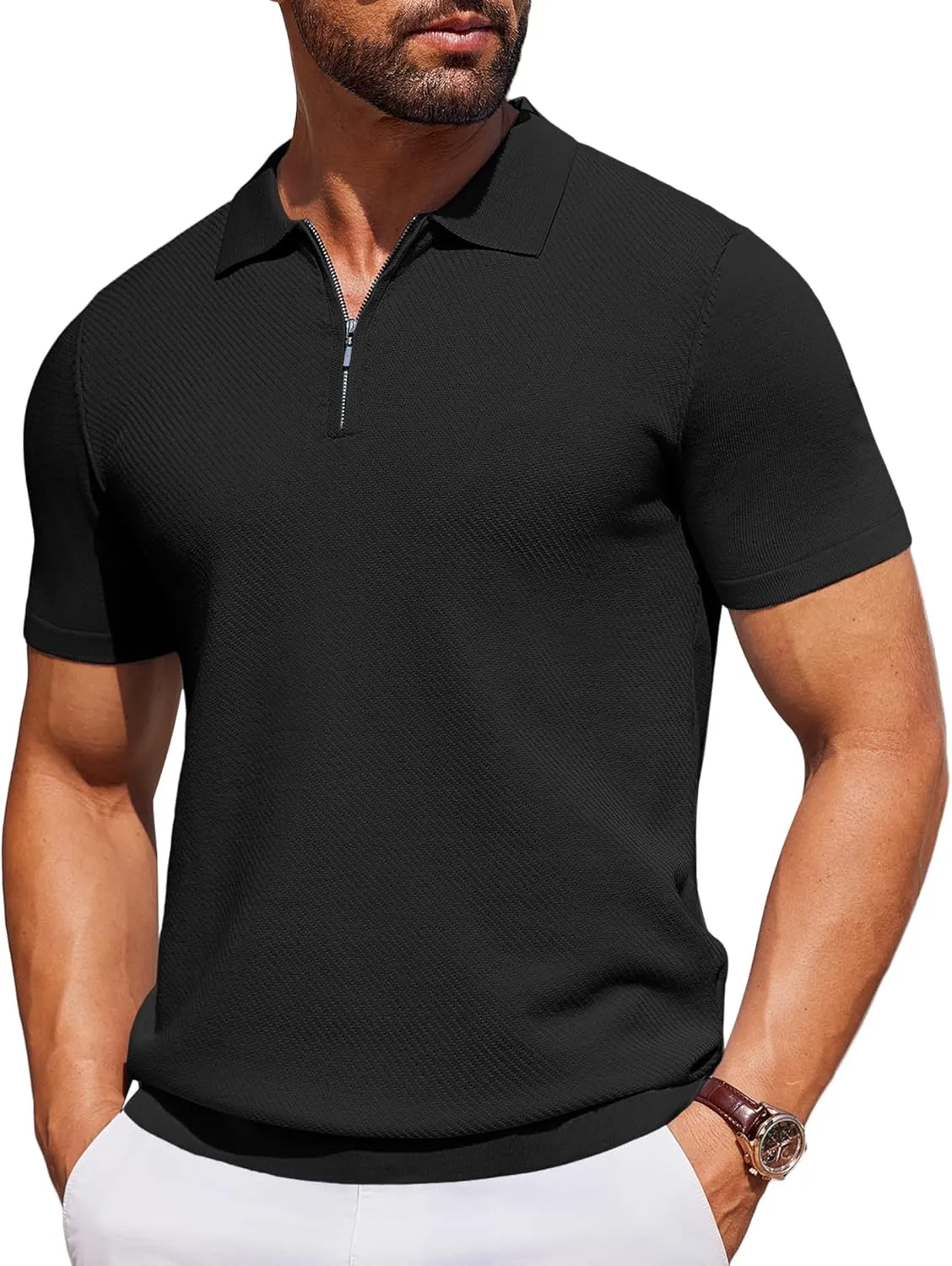 COOFANDY Mens Casual Quarter Zipper Knit Polo Shirts Short Sleeve Summer Beach Shirt Textured Jersey Tops