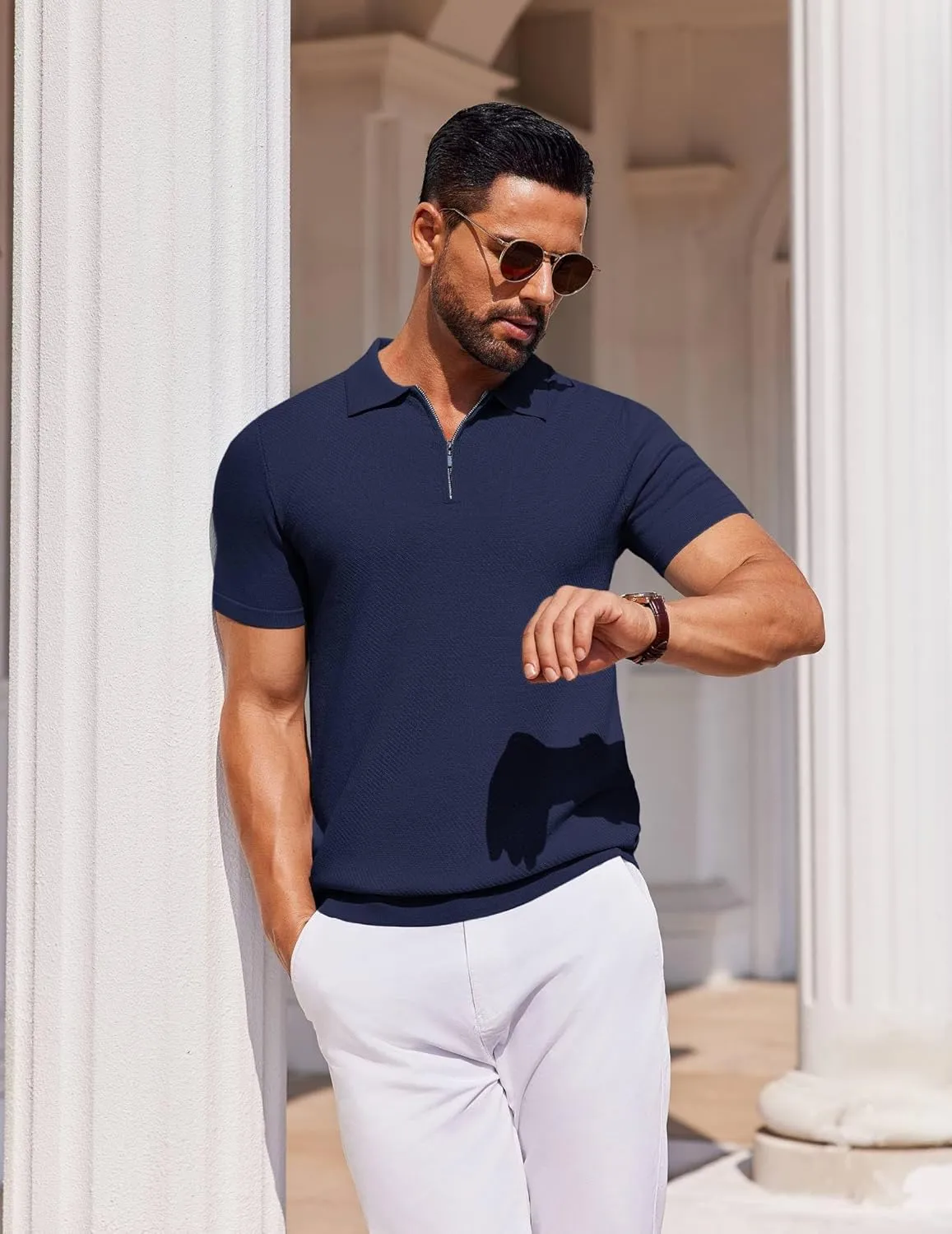 COOFANDY Mens Casual Quarter Zipper Knit Polo Shirts Short Sleeve Summer Beach Shirt Textured Jersey Tops