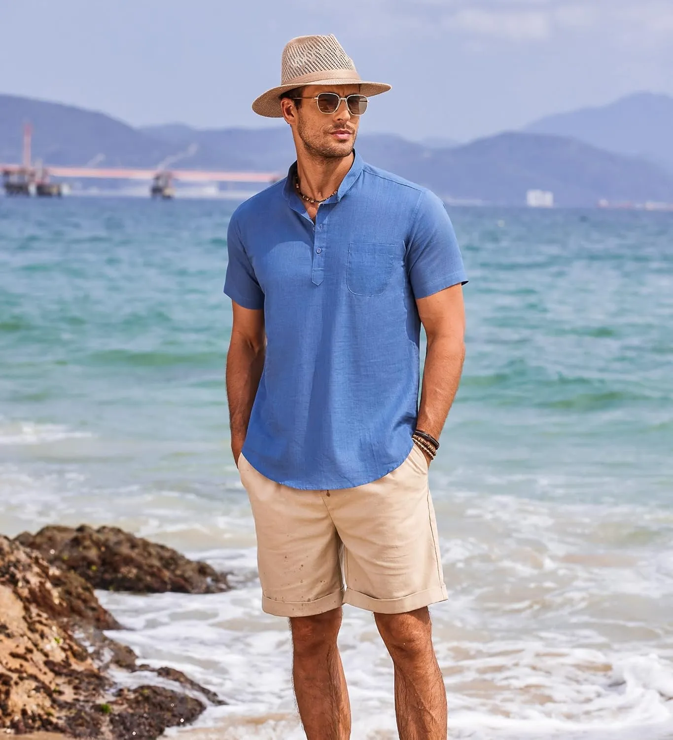 COOFANDY Men's Cotton Linen Henley Shirt Short Sleeve Hippie Casual Beach T-Shirts with Pocket