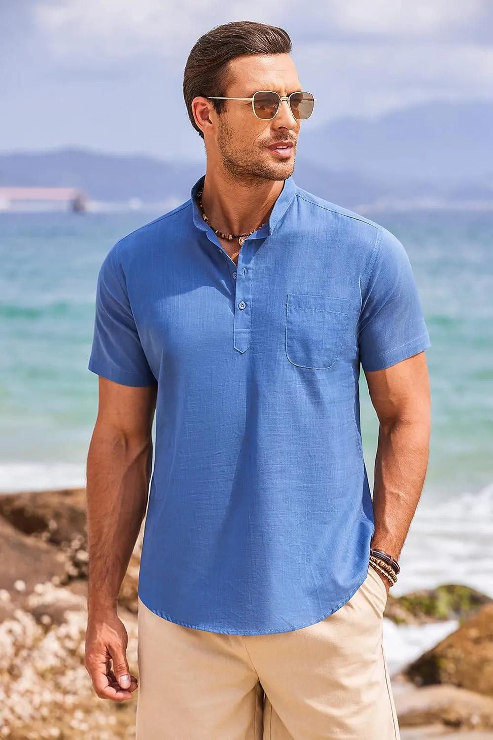 COOFANDY Men's Cotton Linen Henley Shirt Short Sleeve Hippie Casual Beach T-Shirts with Pocket