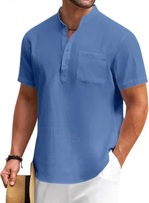 COOFANDY Men's Cotton Linen Henley Shirt Short Sleeve Hippie Casual Beach T-Shirts with Pocket
