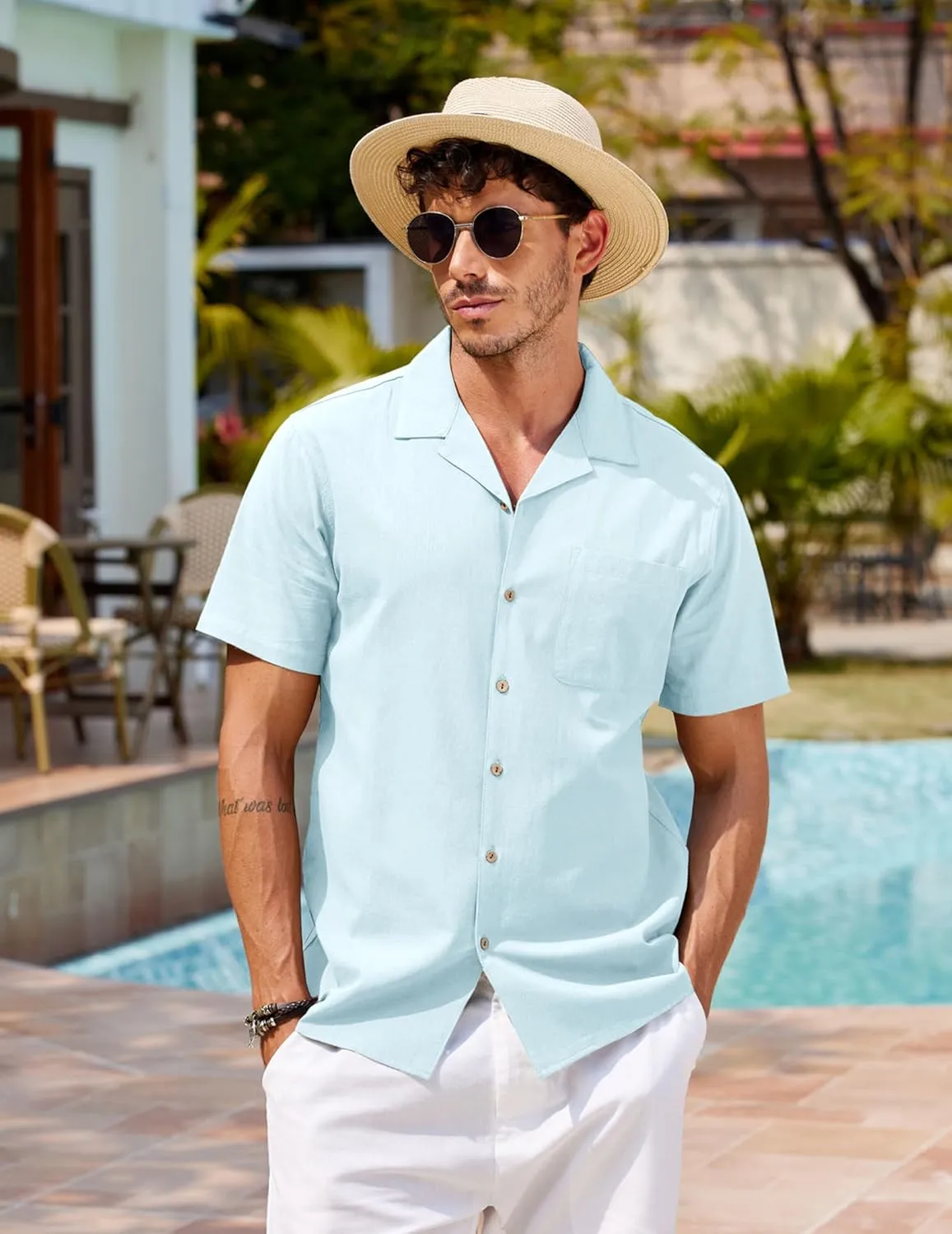 COOFANDY Men's Hawaiian Floral Shirts Cotton Linen Button Down Tropical Holiday Beach Shirts
