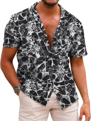 COOFANDY Mens Hawaiian Shirt Short Sleeve Buttoon Down Shirts Casual Tropical Floral Summer Linen Shirts