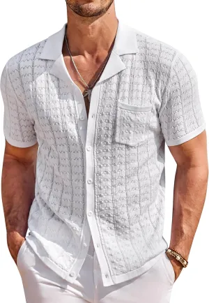 COOFANDY Men's Knit Button Down Shirt Short Sleeve Vintage Polo Shirts Summer Casual Beach Tops