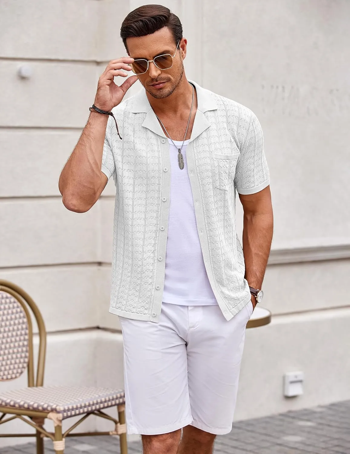 COOFANDY Men's Knit Button Down Shirt Short Sleeve Vintage Polo Shirts Summer Casual Beach Tops