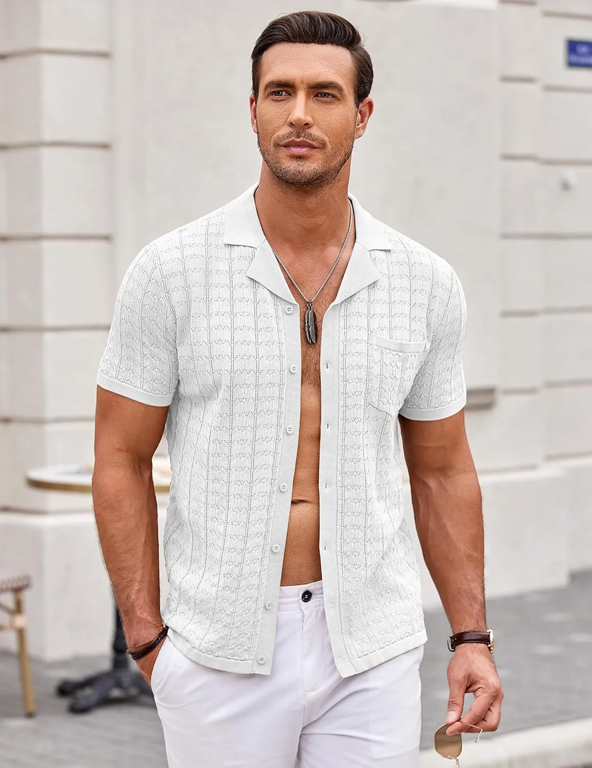 COOFANDY Men's Knit Button Down Shirt Short Sleeve Vintage Polo Shirts Summer Casual Beach Tops