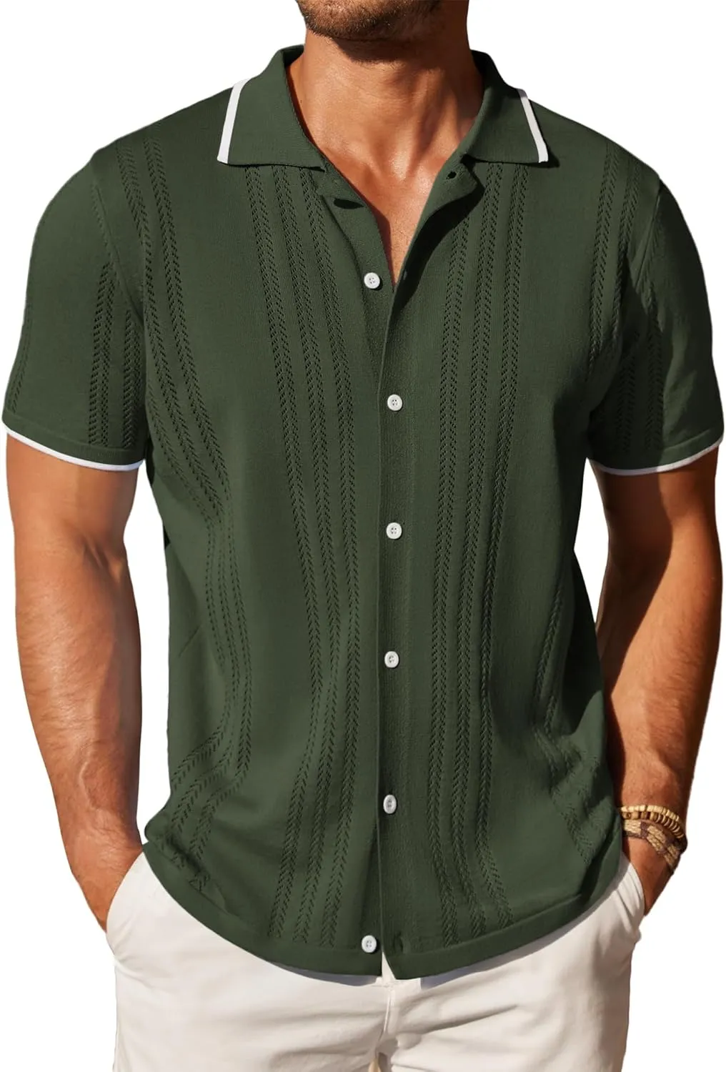 COOFANDY Men's Knit Button Down Shirt Vintage Short Sleeve Polo Shirts Casual Beach Tops