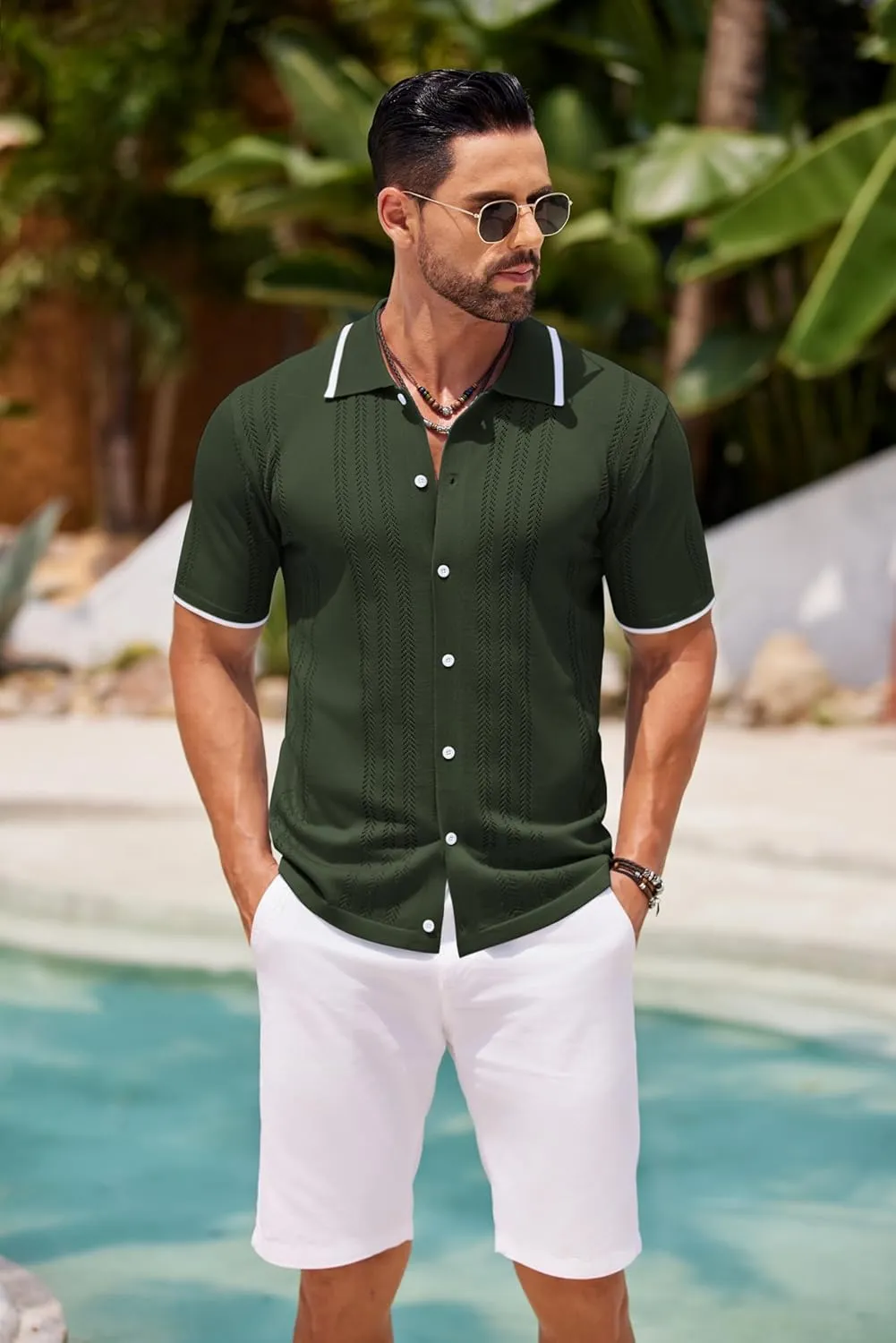 COOFANDY Men's Knit Button Down Shirt Vintage Short Sleeve Polo Shirts Casual Beach Tops