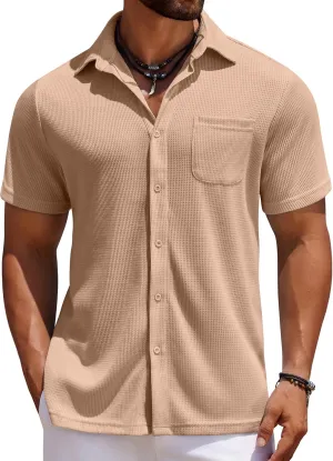 COOFANDY Men's Knit Button Down Shirts Casual Short Sleeve Polo Shirt Summer Beach Shirts with Pocket